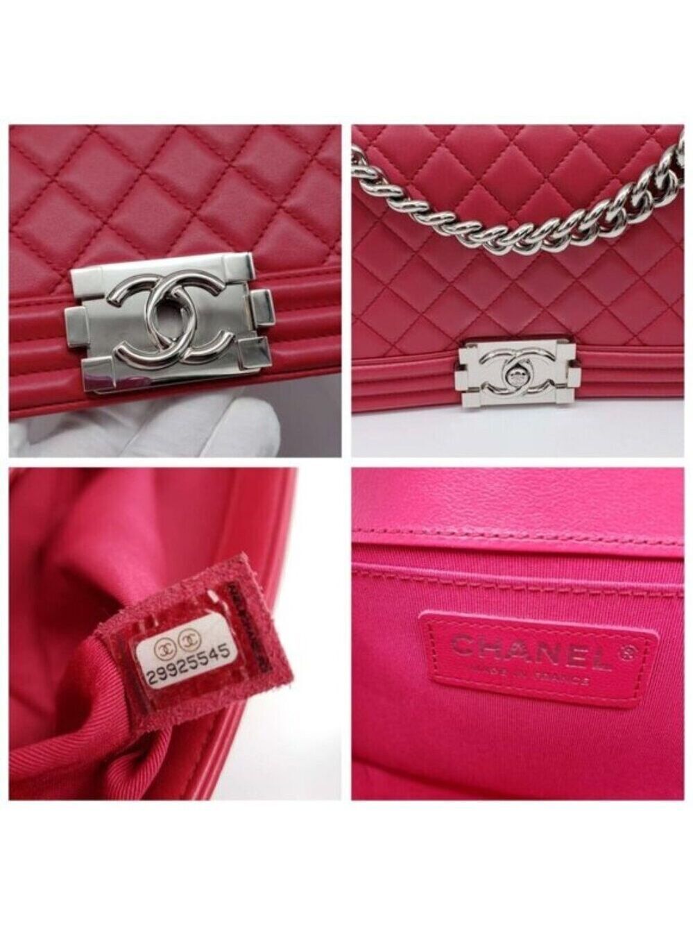 Authentic Chanel Boy Bag Red Quilted Leather Medium Flap Silver Chain CC Logo - Picture 11 of 16